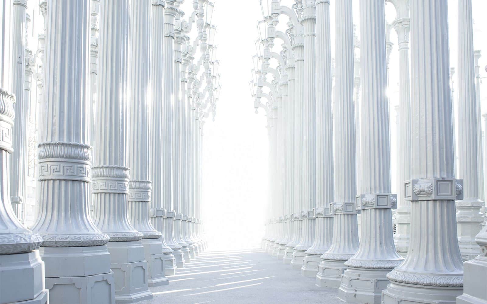 Sunlit classical columns lining a grand hall